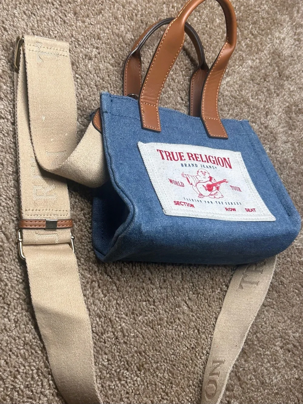 True Religion Blue Denim Mini Messenger Bag with Brown Leather Handles